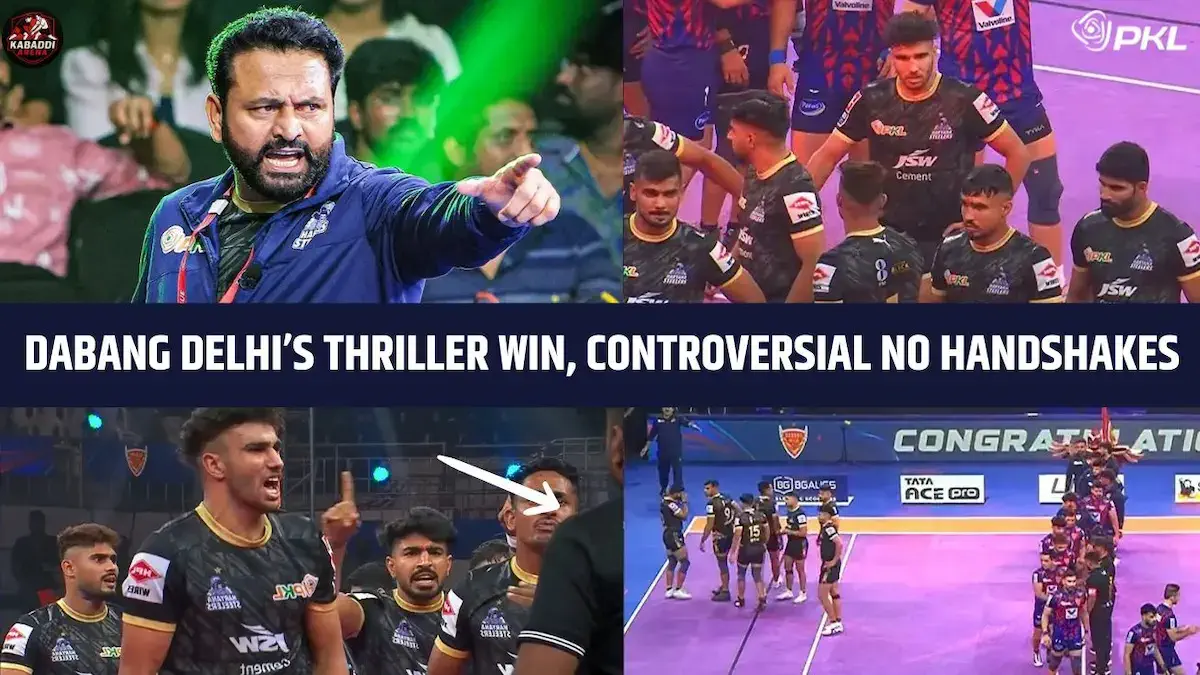 Dabang Delhi vs Haryana Steelers PKL 12 match, post-match handshake controversy and intense match recap.
