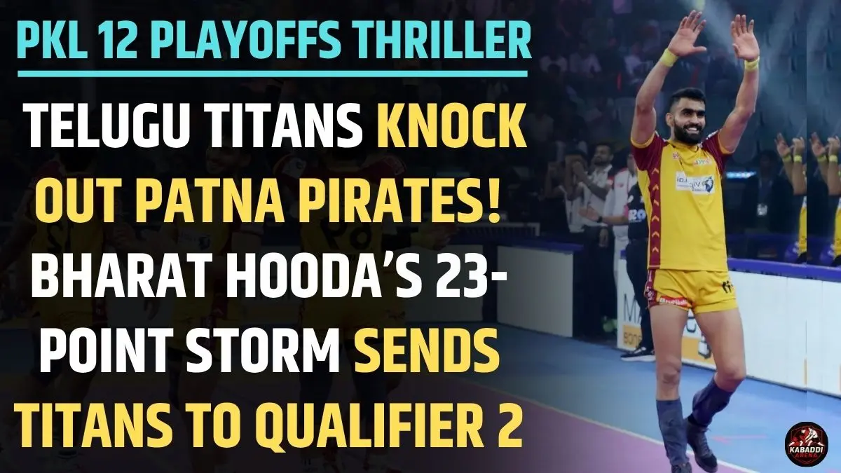 Bharat Hooda celebrates Telugu Titans’ victory over Patna Pirates in PKL 12 Eliminator 3 at Thyagaraj Indoor Stadium, Delhi.